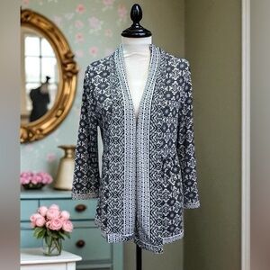 Dalia Blue &‎ White Shawl Collar Open Front Business Casual Cardigan Sweater S
